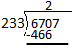 The image shows a long division problem. The dividend is 6707 and the divisor is 233. A 2 is placed over the 0 in the dividend 6707.